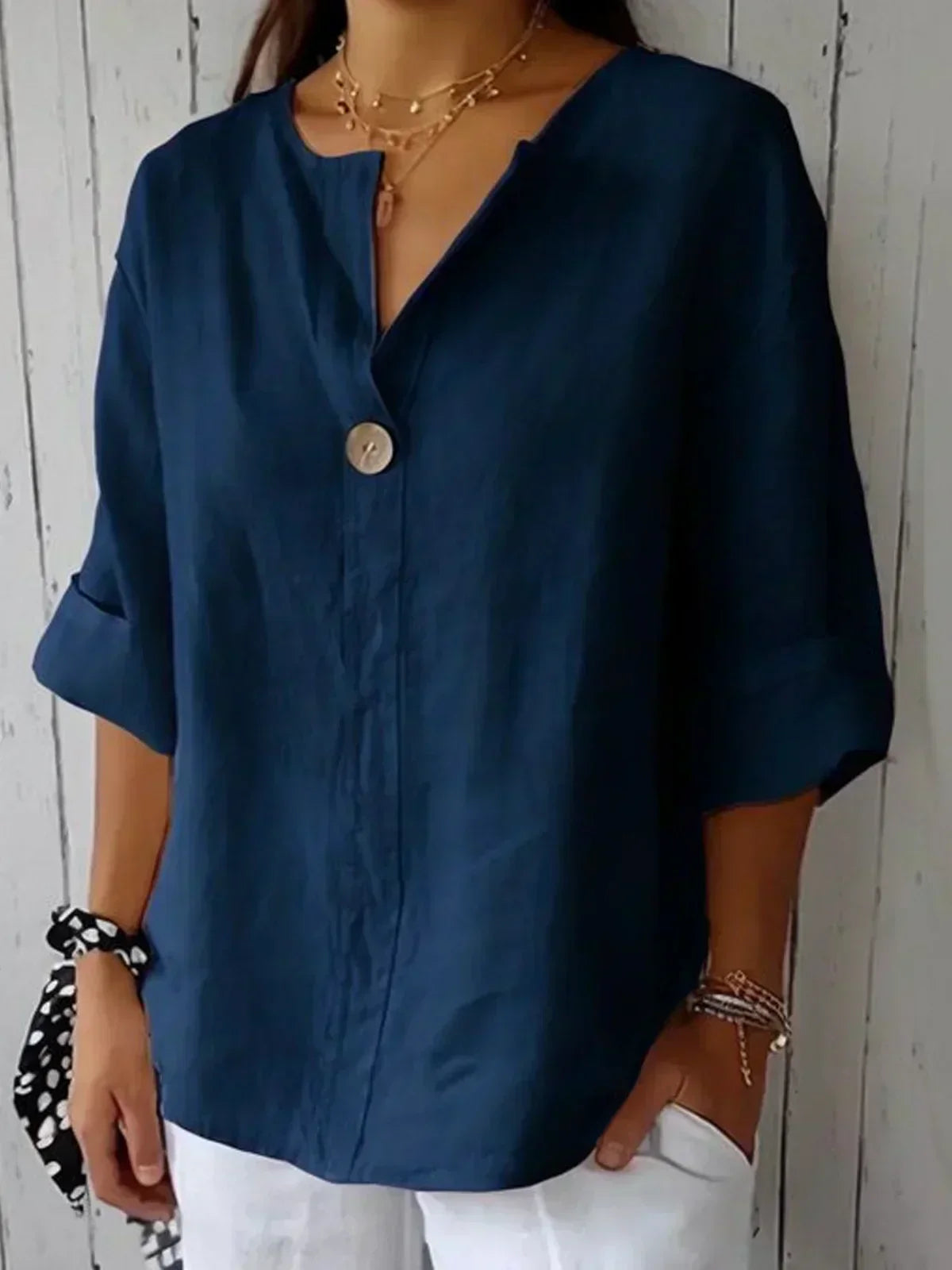 Aurienne Cotton Linen V Neck Blouse