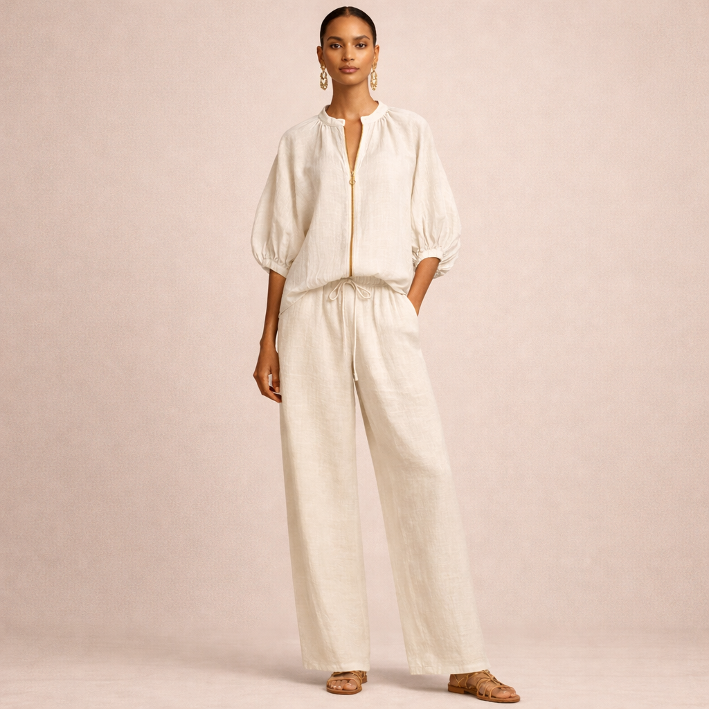 Detailed view of the adjustable drawstring waistband and pockets on the wide-leg pants of the Briar set in cream.