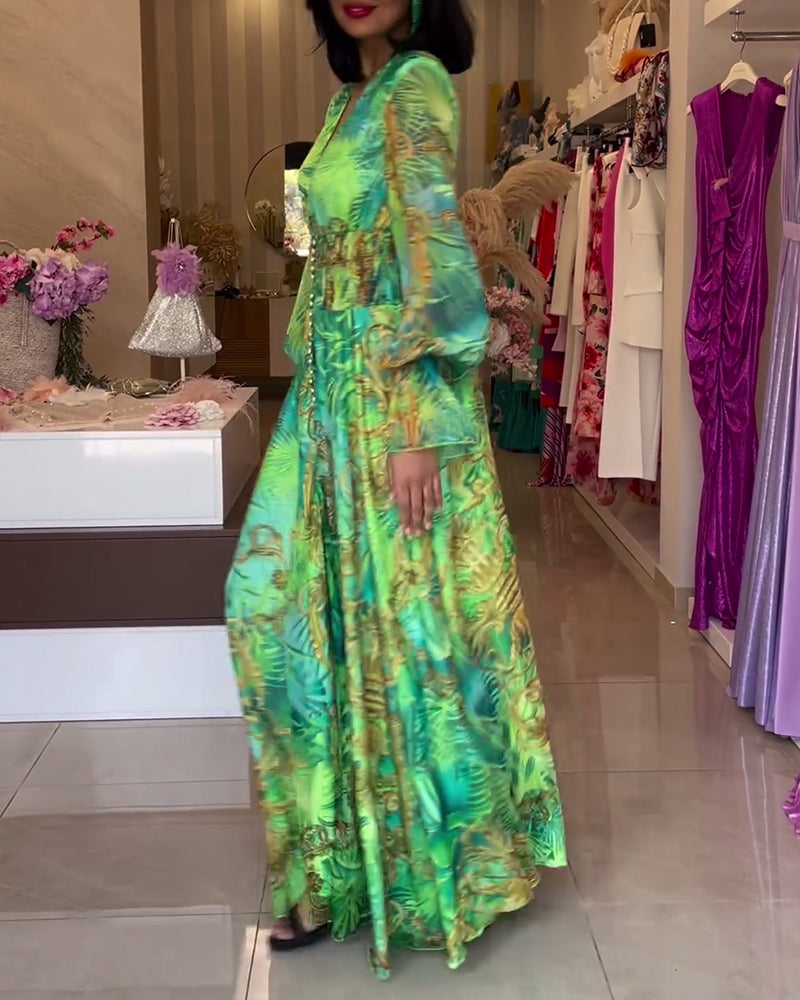 Flat lay of the Celeste elegant maxi dress, displaying its full design and vibrant green color.