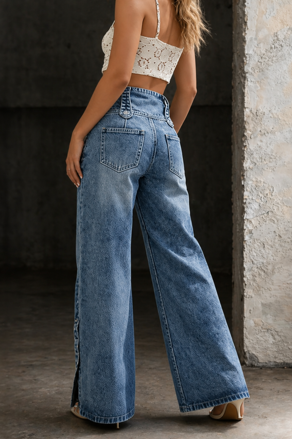 Side profile of a model wearing Kalliope high-waist button-detail jeans, paired with a casual top, depicting the relaxed leg fit.