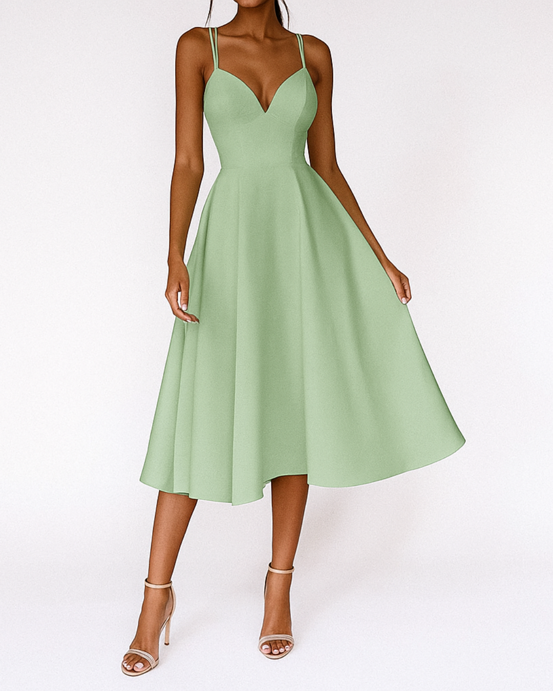Full-length shot of the white elegant midi dress styled with simple accessories, ideal for a wedding guest.