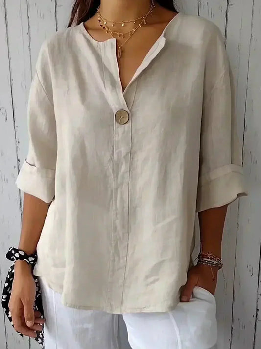Aurienne Cotton Linen V Neck Blouse
