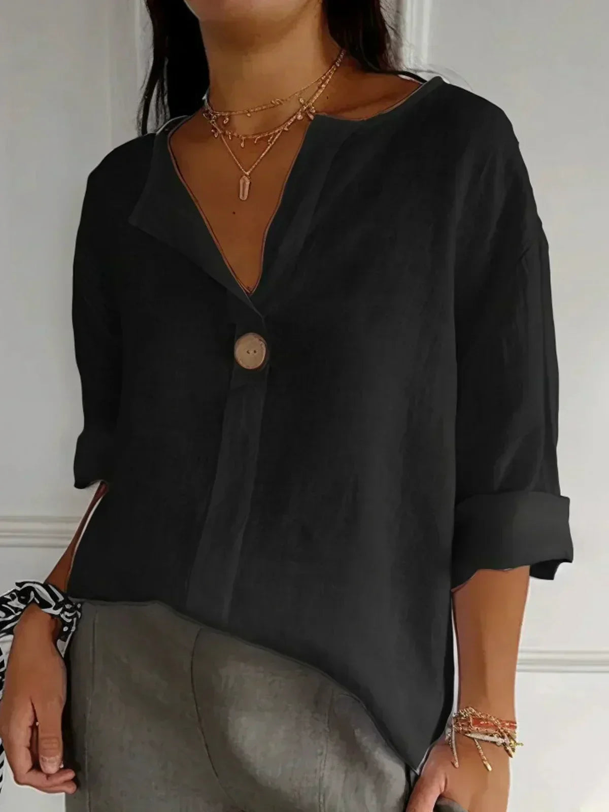 Aurienne Cotton Linen V Neck Blouse