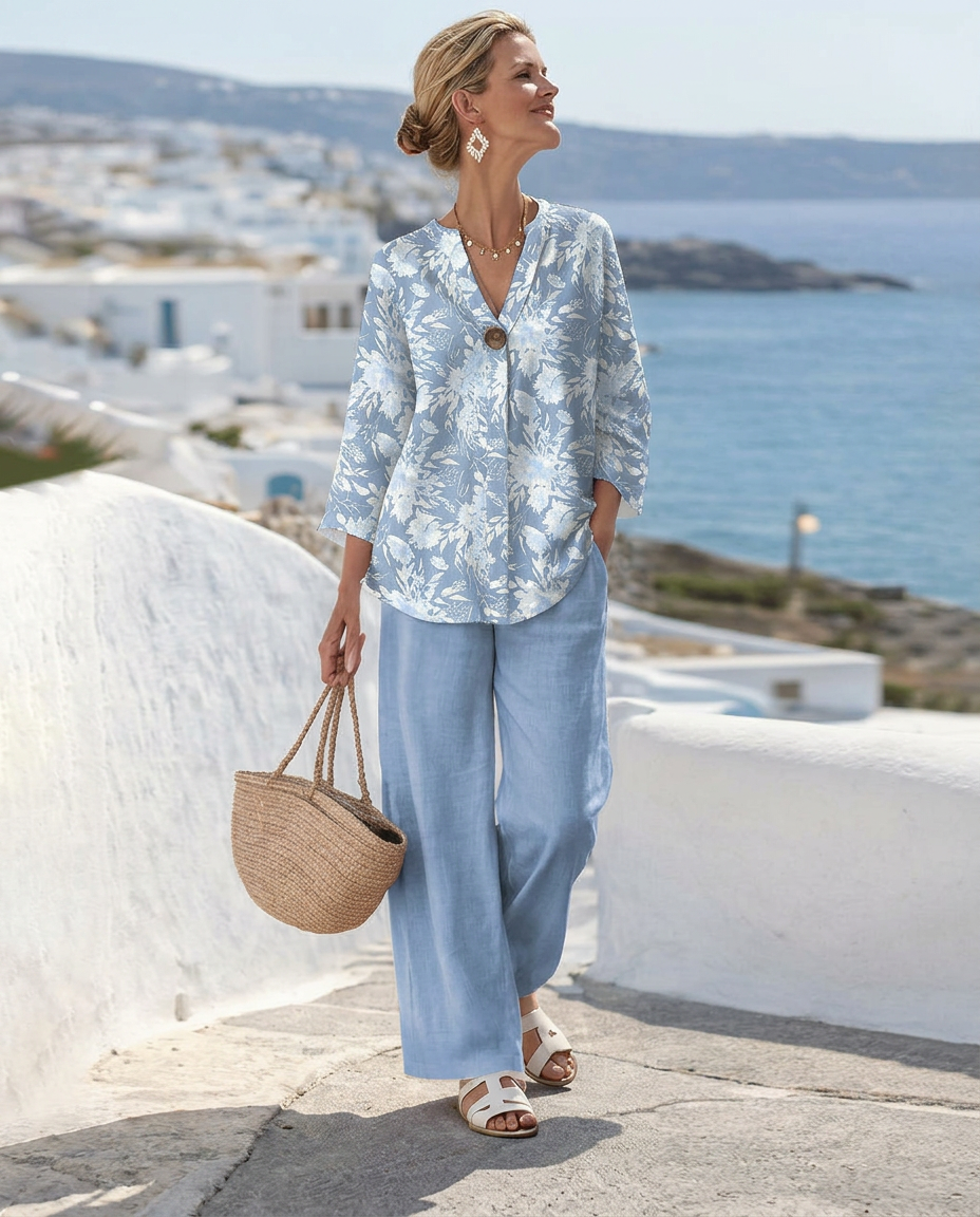 Young woman smiling in a tropical setting, wearing the Adira floral blouse and wide-leg trouser set.