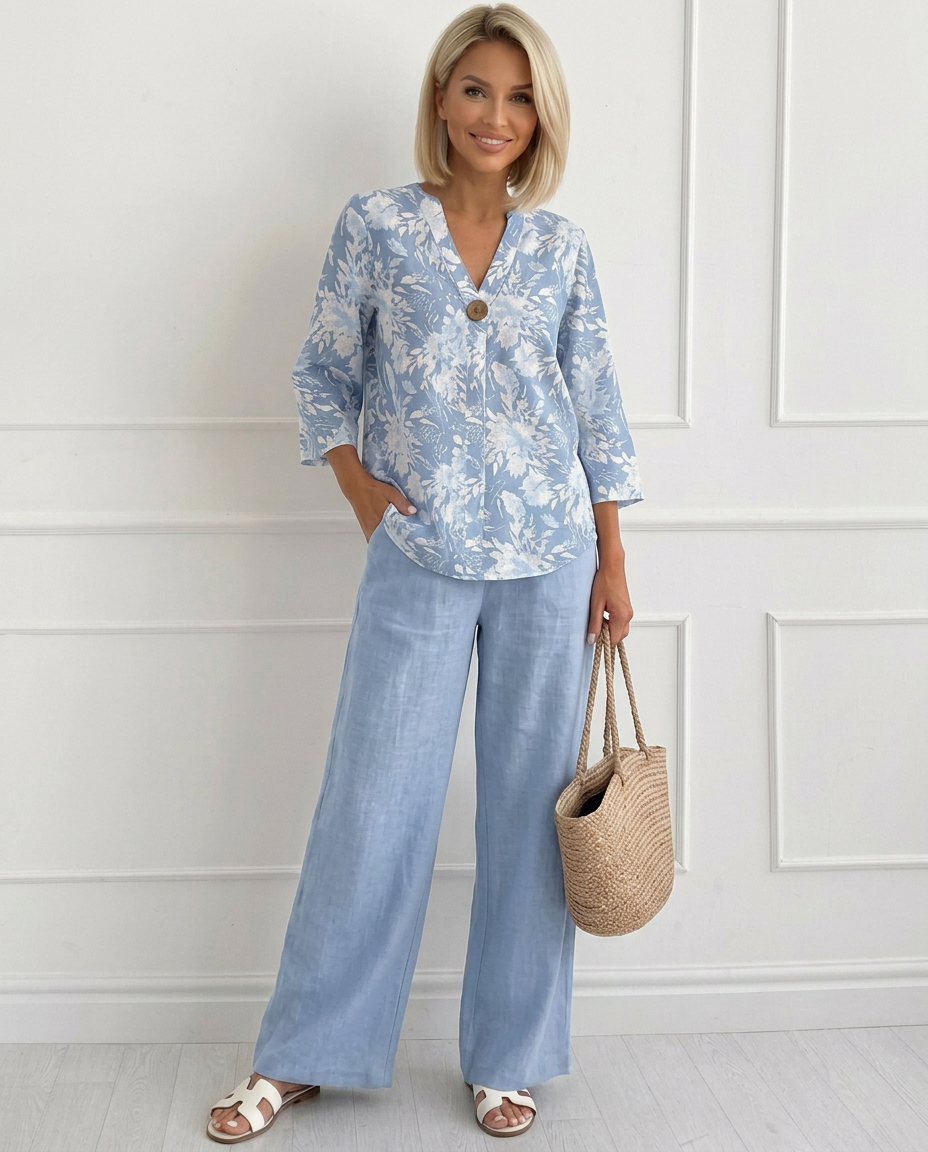 Side profile of a woman walking in the comfortable Adira wide-leg trouser set, emphasizing flowing movement.