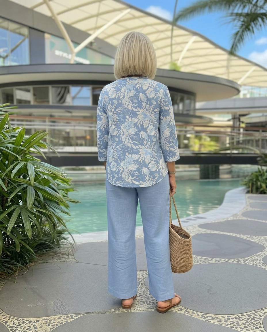 Fashionable woman posing in the Adira floral two-piece set, ideal for a chic and easygoing look.