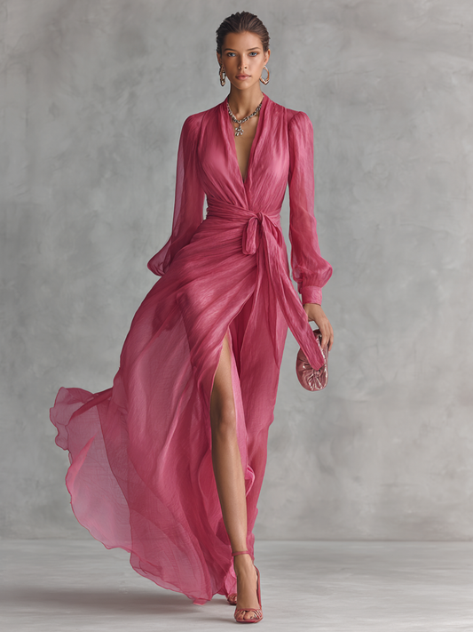 Front view of an elegant V-neck maxi dress in a delicate bean-paste pink color, showcasing its flowing silhouette.