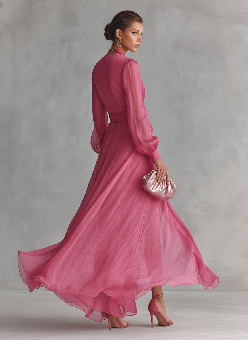A woman wearing the elegant bean-paste pink maxi dress, styled for a special occasion, in a soft lighting setting.