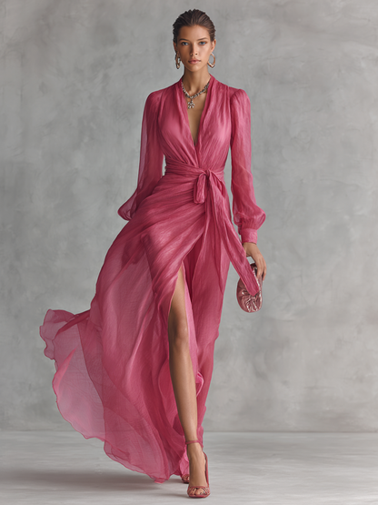 Detail shot of the fabric texture and color of the elegant V-neck maxi dress, emphasizing its luxurious feel.