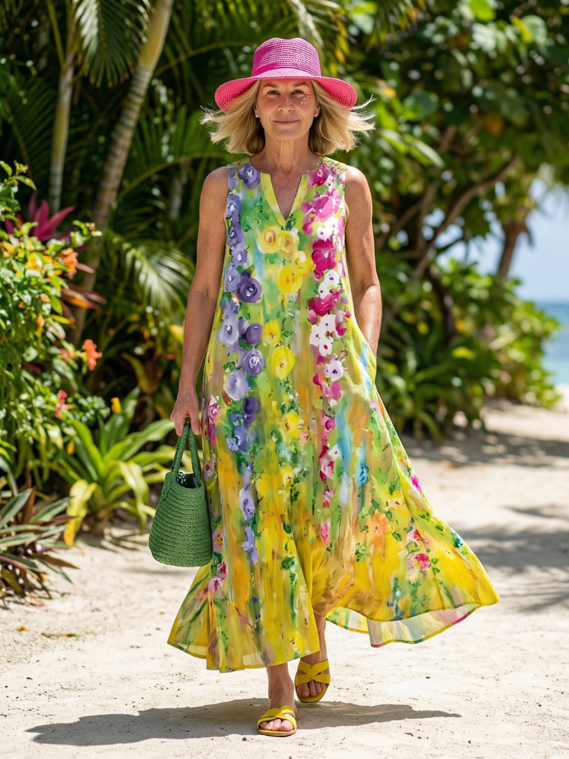 Front view of Seraphina floral flowy maxi dress, showcasing vibrant print and relaxed fit on a model.