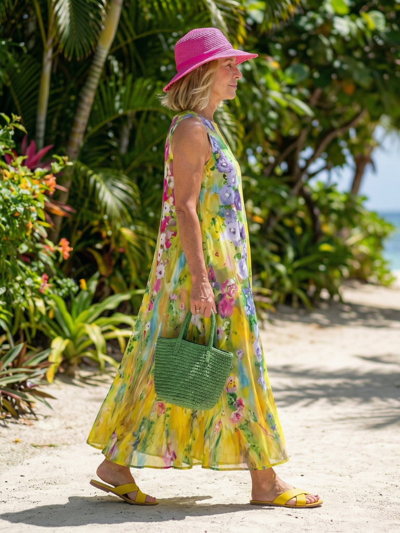 Close-up detail of the lightweight fabric and colorful floral pattern on the Seraphina flowy maxi dress.