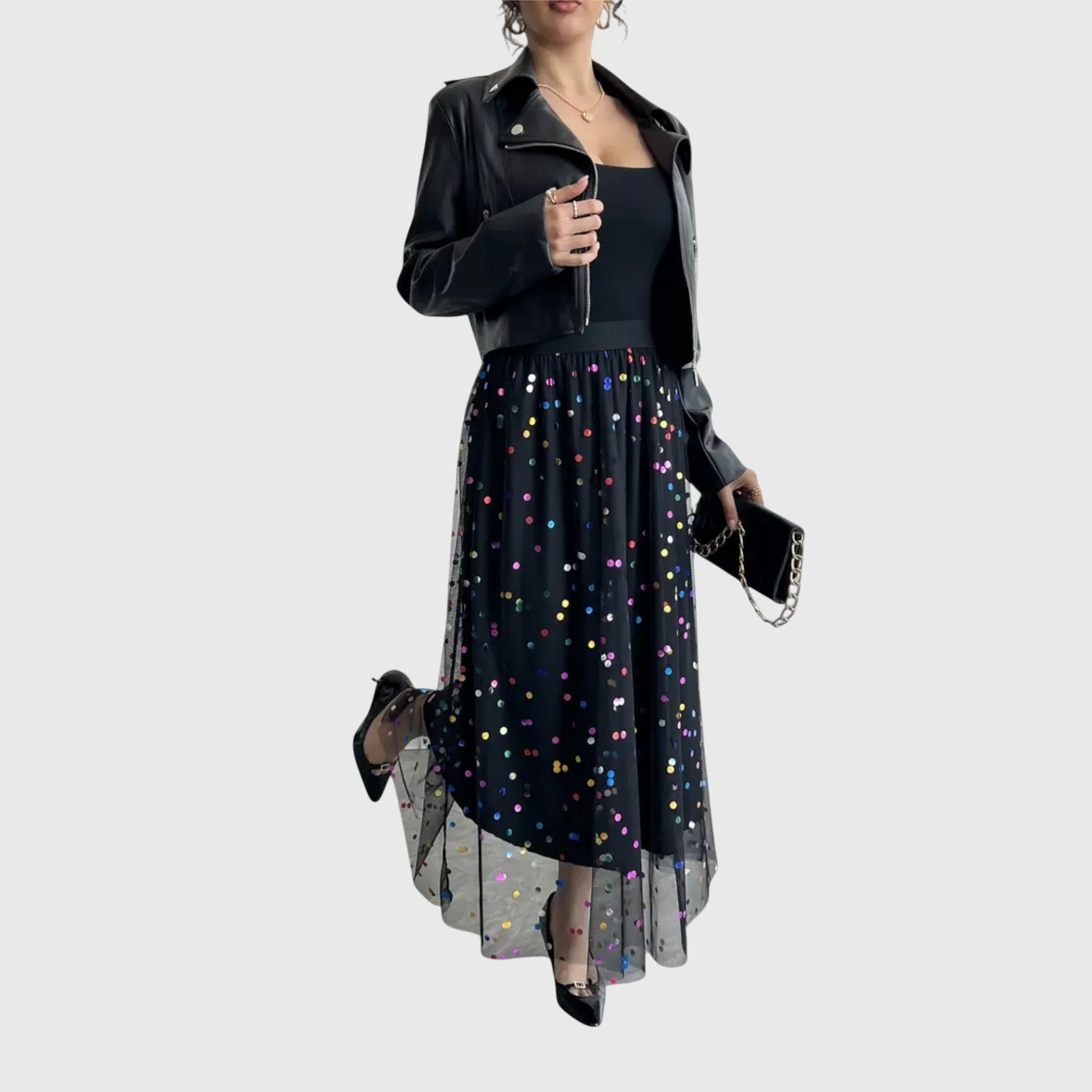 Back view of the festive black tulle midi skirt, illustrating the airy, layered design and midi length.