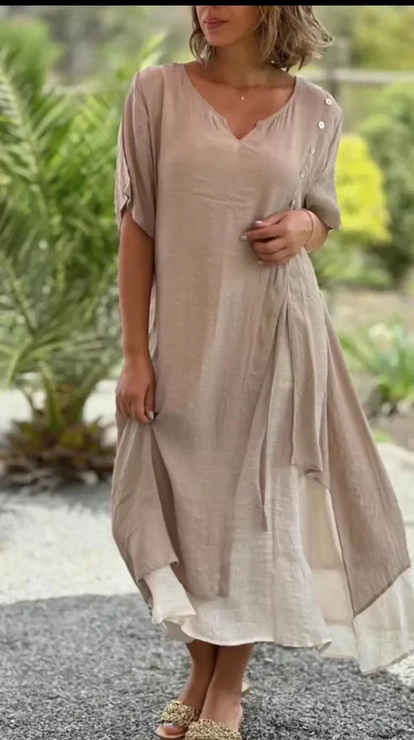 Front view of the Anouk asymmetric two-piece dress in khaki, showing the unique layered design.