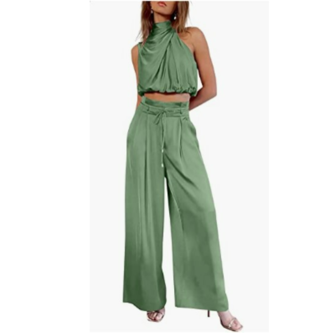 Full-body shot of a light green Seraphina jumpsuit, perfect for a breezy summer day with its airy feel.