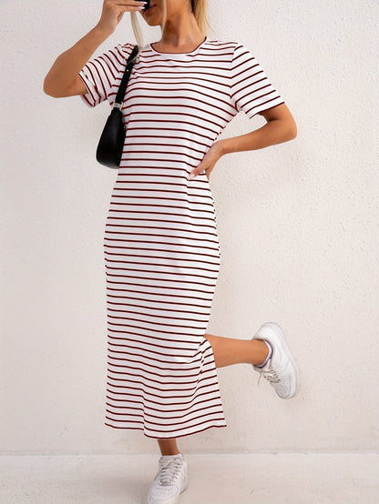 Back view of the versatile striped jersey midi dress, highlighting its smooth fit and comfortable drape.