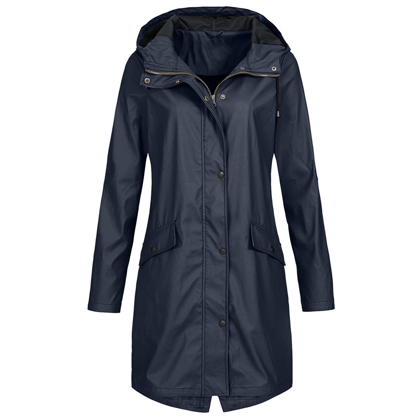Front view of a vibrant blue women's waterproof jacket, showcasing its adjustable hood and sleek design.