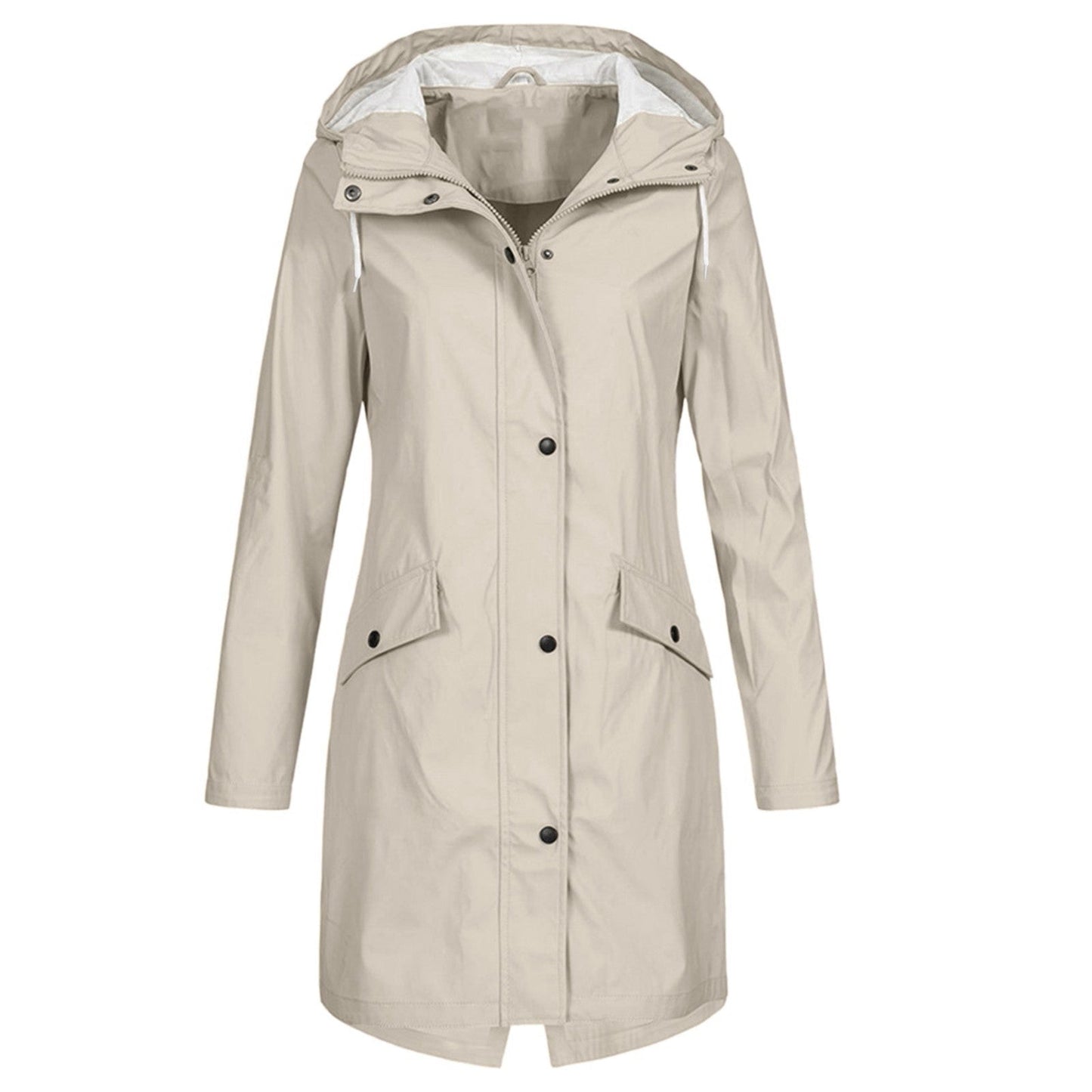 Side profile of the breathable women's waterproof jacket, highlighting its comfortable fit and practical pockets.