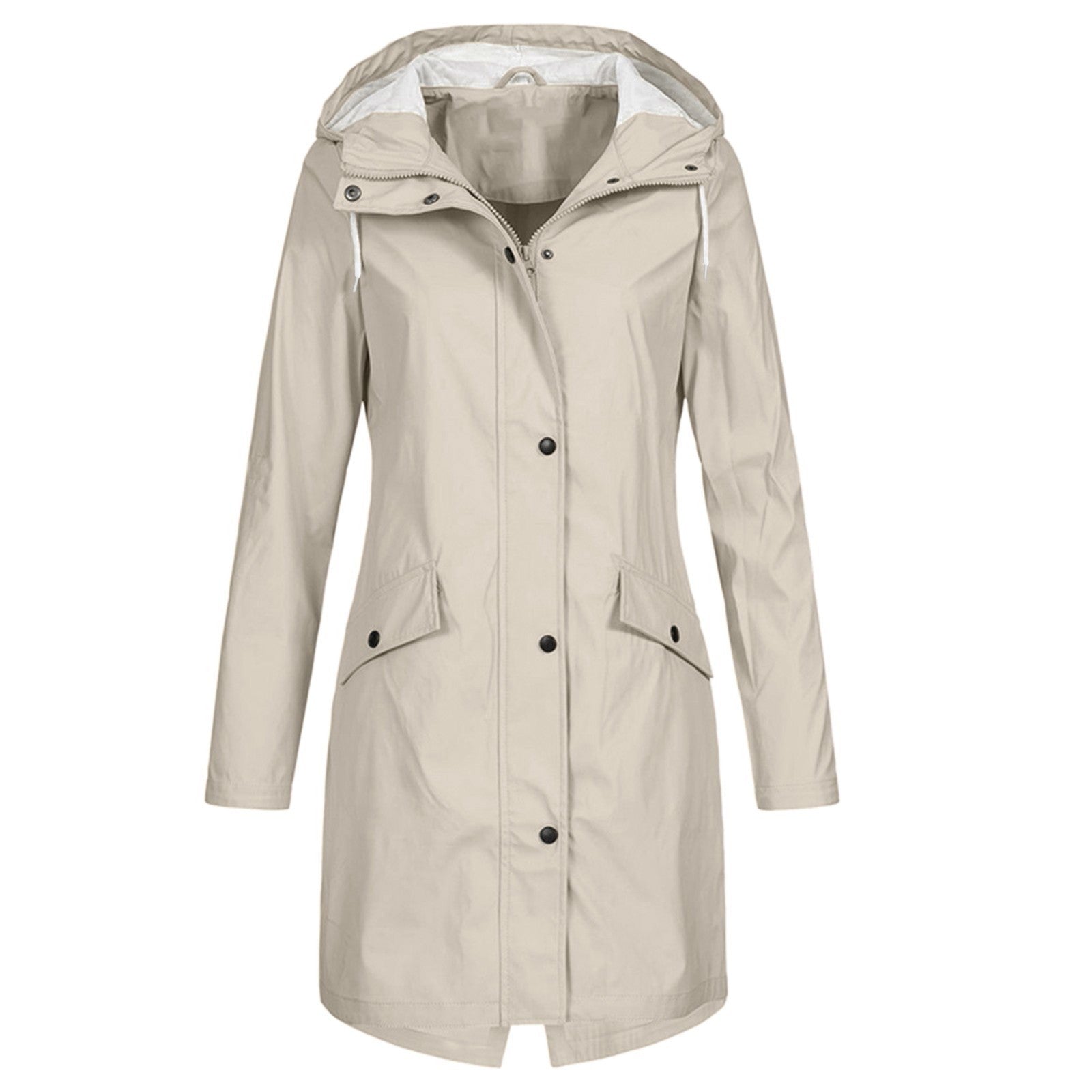 Side profile of the breathable women's waterproof jacket, highlighting its comfortable fit and practical pockets.