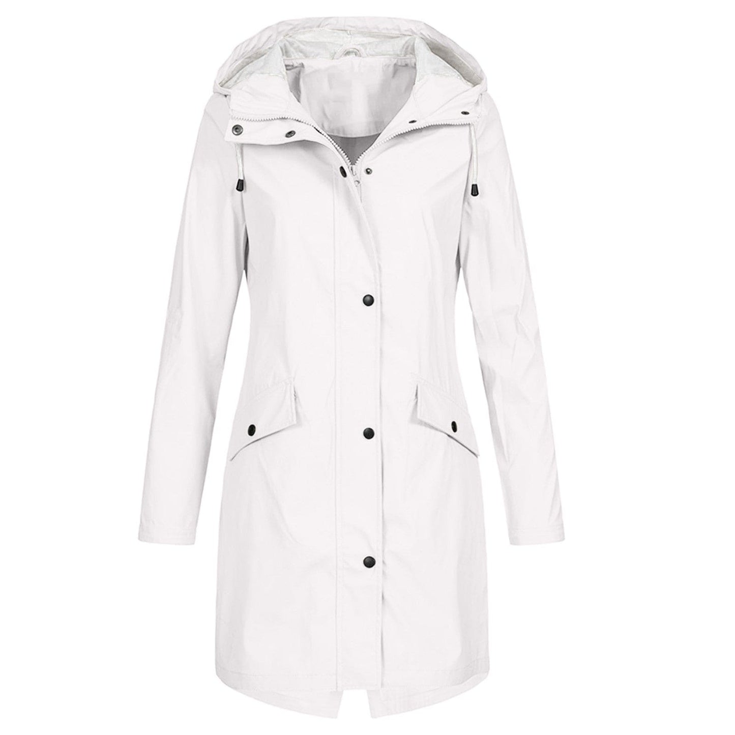 Back view of the versatile women's waterproof jacket, emphasizing its tailored cut and full coverage.