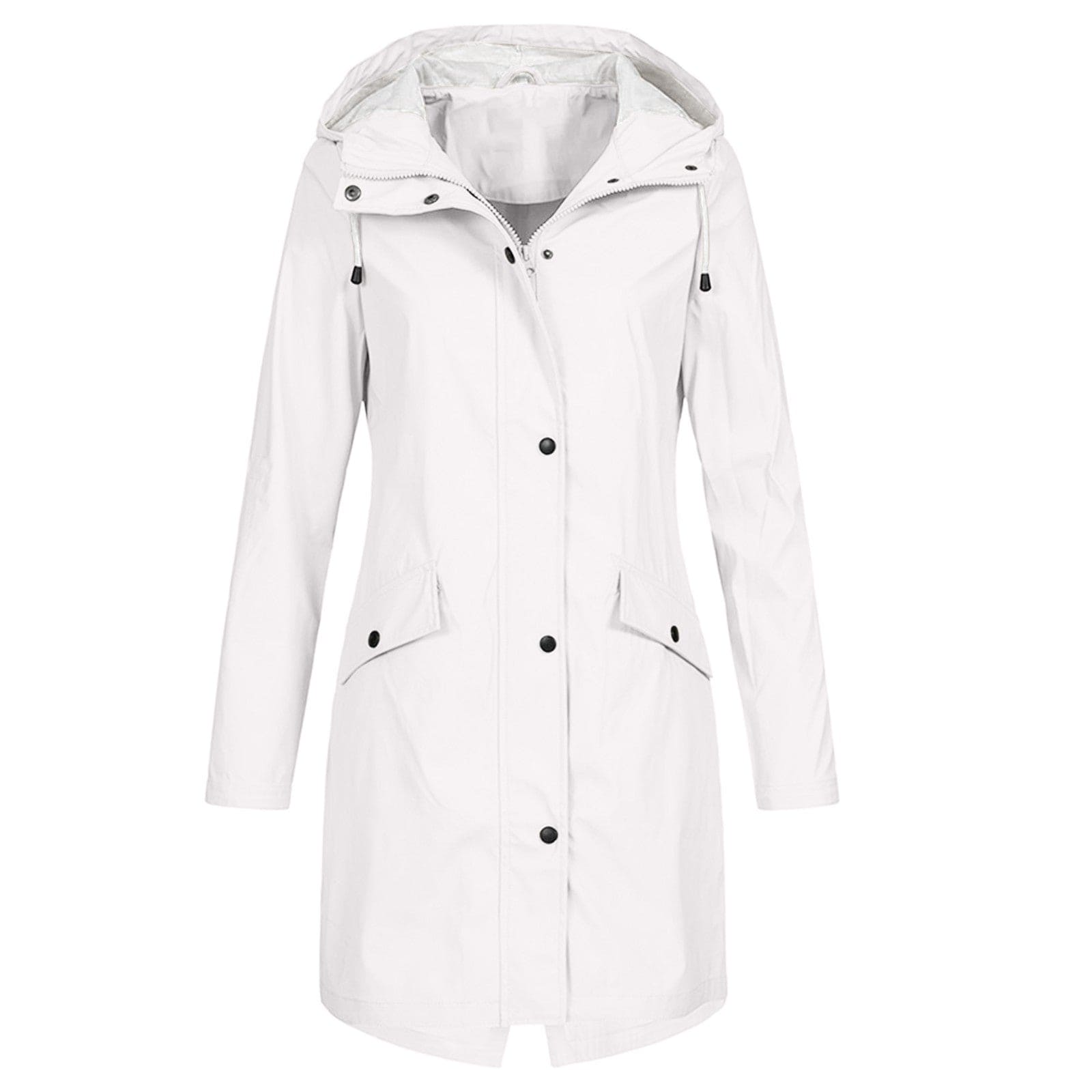 Back view of the versatile women's waterproof jacket, emphasizing its tailored cut and full coverage.