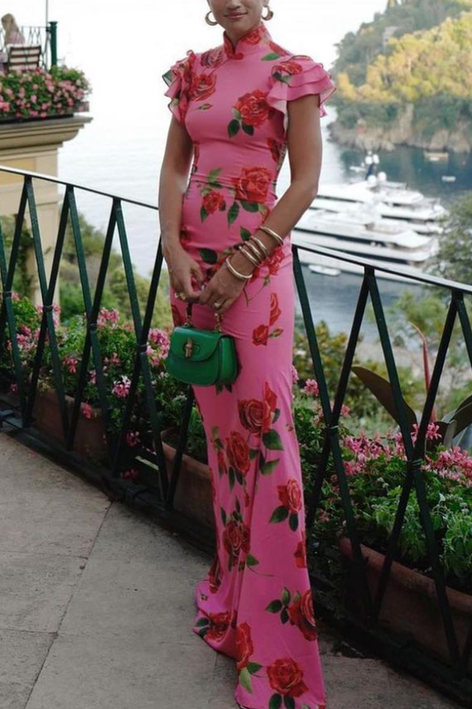 Front view of the Bianca rose floral maxi dress in pink, showcasing the mandarin collar and tiered sleeves.