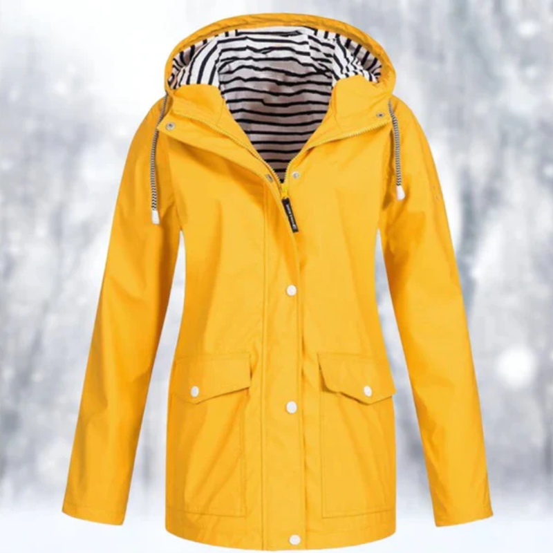 Front view of a vibrant yellow Lyra waterproof rain jacket, showcasing its sleek design and adjustable hood.