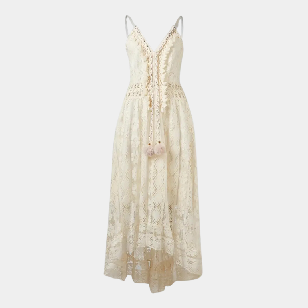 Side profile of the Bianca boho lace midi dress, highlighting the flowing skirt and defined waist.