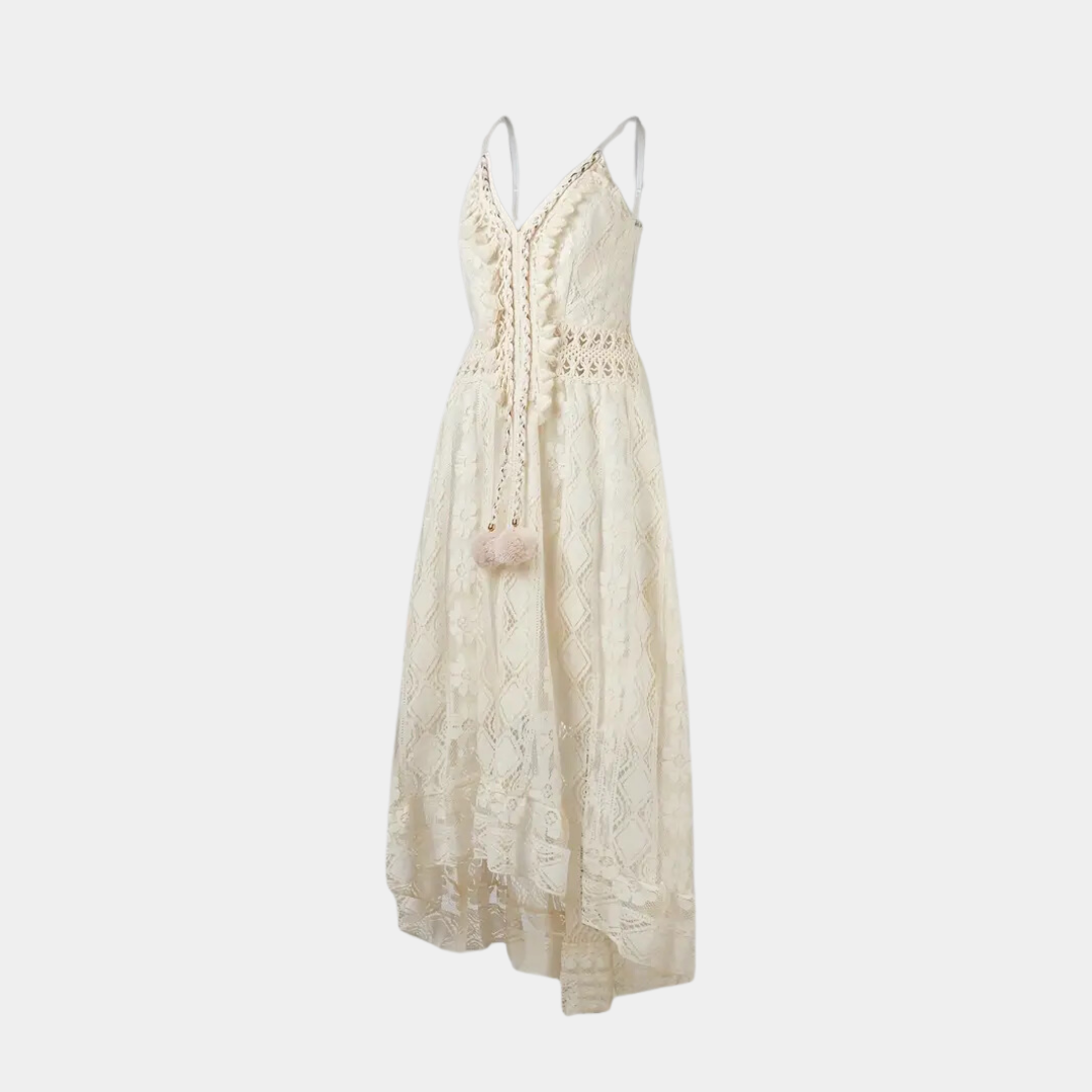 Back view of the Bianca boho lace midi dress, showing the elegant drape of the fabric.