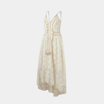 Back view of the Bianca boho lace midi dress, showing the elegant drape of the fabric.