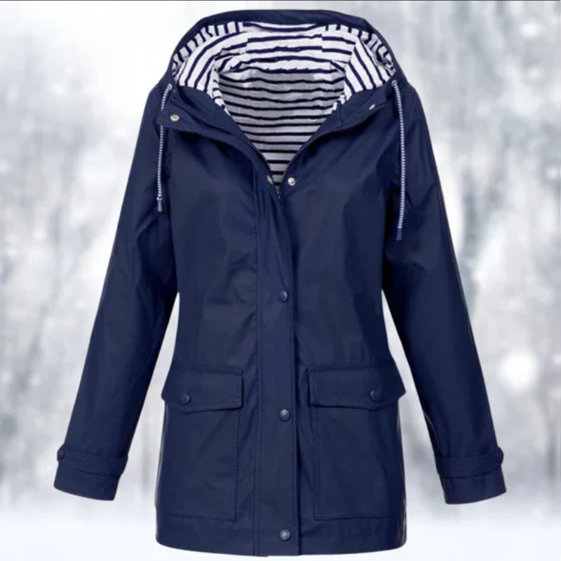 Back view of a red Lyra waterproof rain jacket, emphasizing the clean lines and full coverage for ultimate protection.