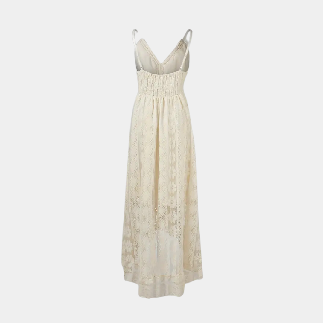 Close-up detail of the delicate lace and ajouré elements on the Bianca boho lace midi dress neckline.