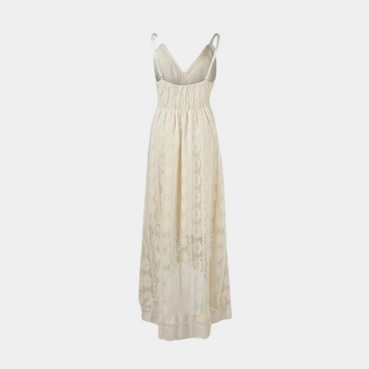 Close-up detail of the delicate lace and ajouré elements on the Bianca boho lace midi dress neckline.