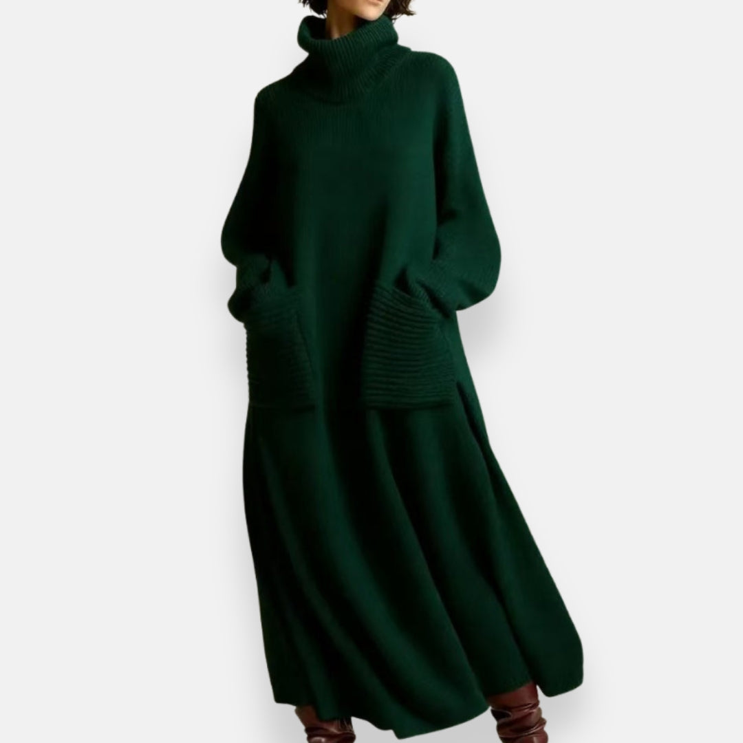 Full-length shot of a woman in the Bianca cozy knit high-neck dress, demonstrating its versatile style.