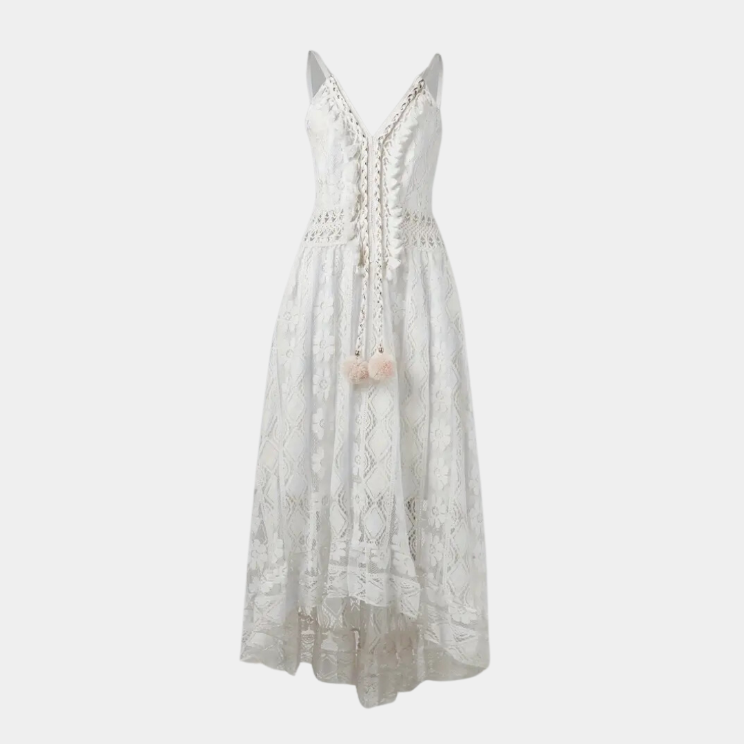 Close-up of the tie details at the V-neck of the Bianca boho lace midi dress.