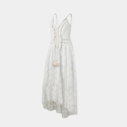 Full length studio shot of the white Bianca boho lace midi dress on a model, showcasing its elegant silhouette.