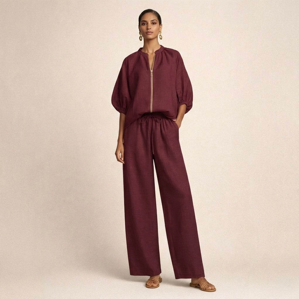 Front view of the Briar casual chic set in Bordeaux, showing the relaxed fit and zip-up top.