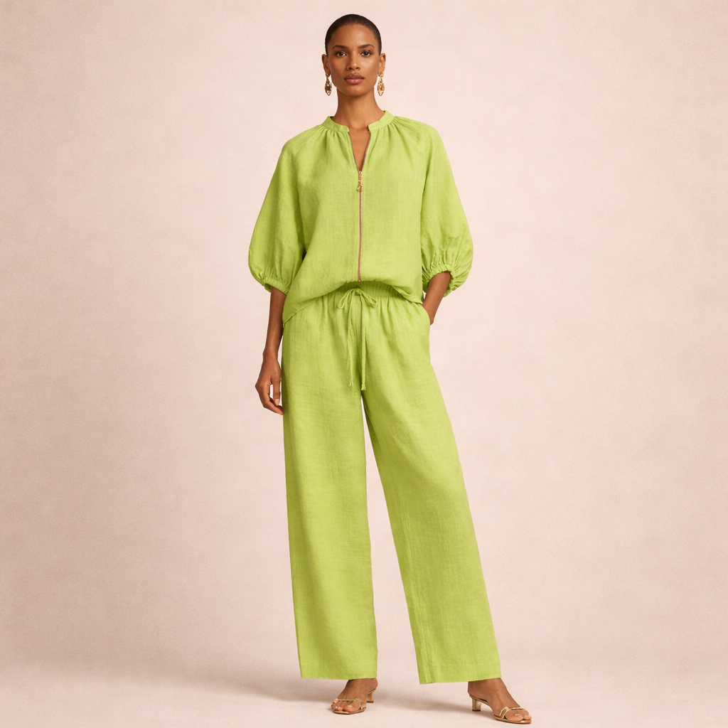 Side profile of a model wearing the Briar loungewear set in green, highlighting the wide-leg pants.