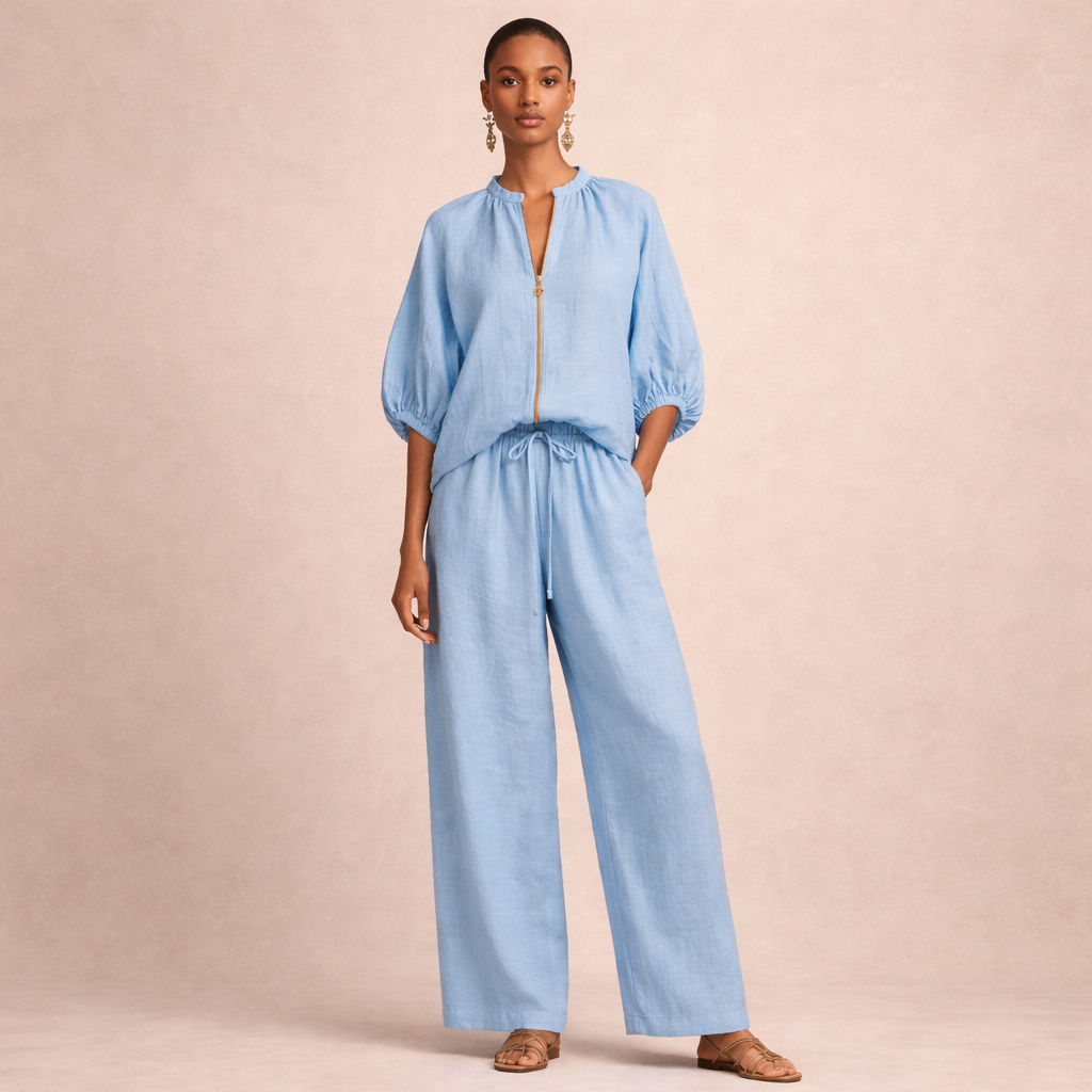 Back view of the Briar casual chic set in blue, showcasing the flowy silhouette of the top and pants.