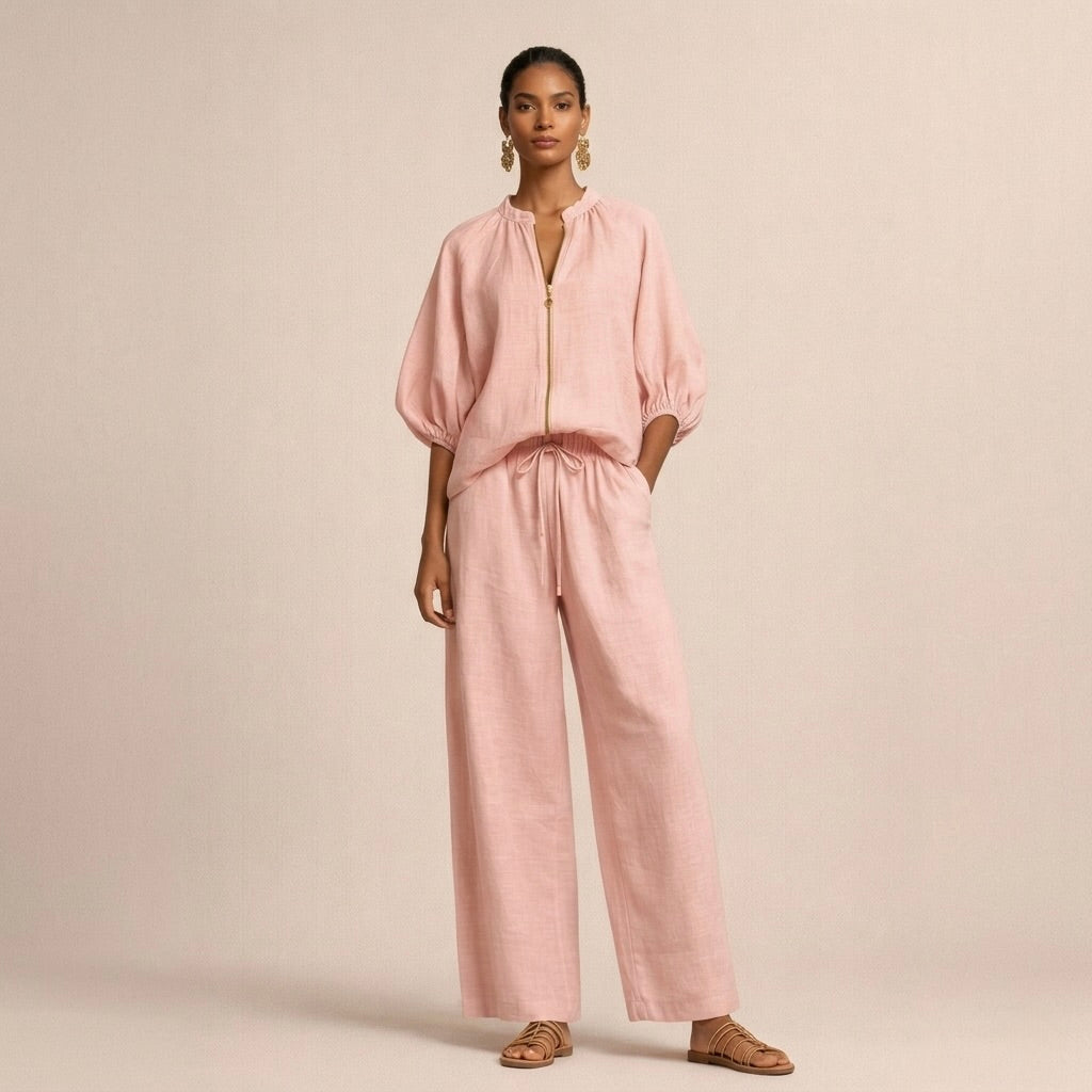 Lifestyle shot of someone enjoying a coffee while wearing the Briar loungewear set in pink, emphasizing comfort.