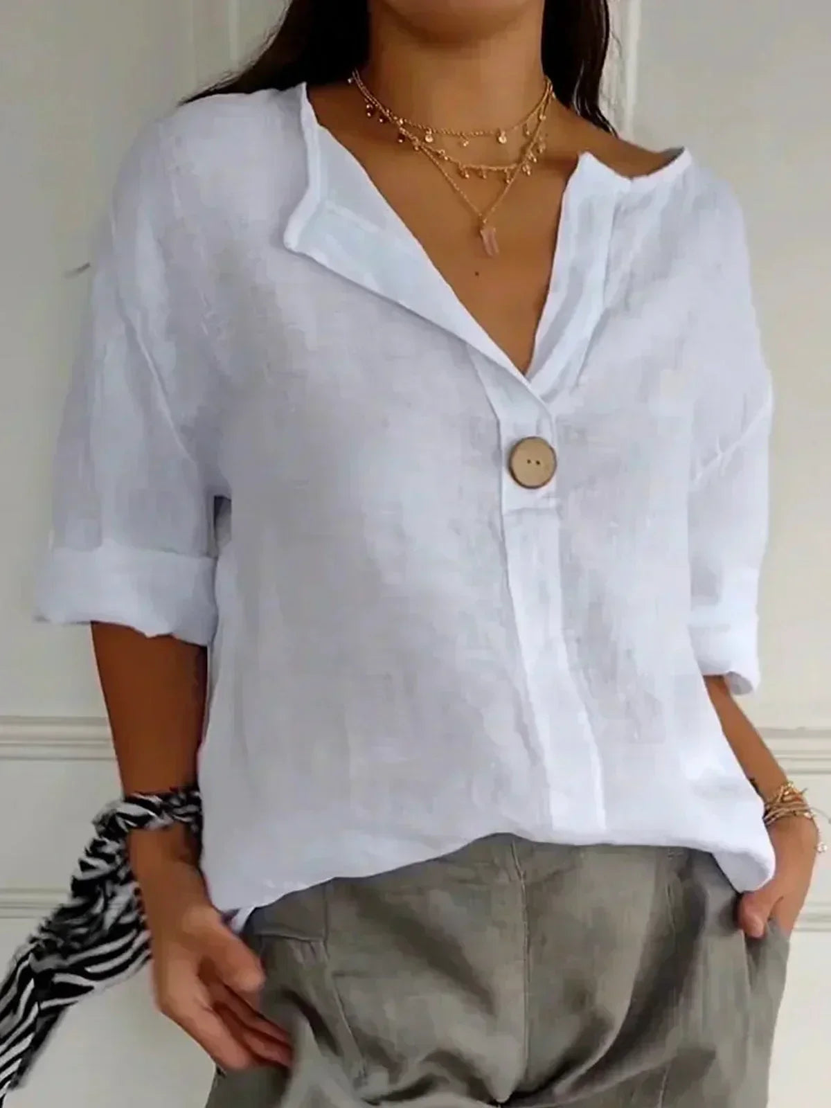 Aurienne Cotton Linen V Neck Blouse
