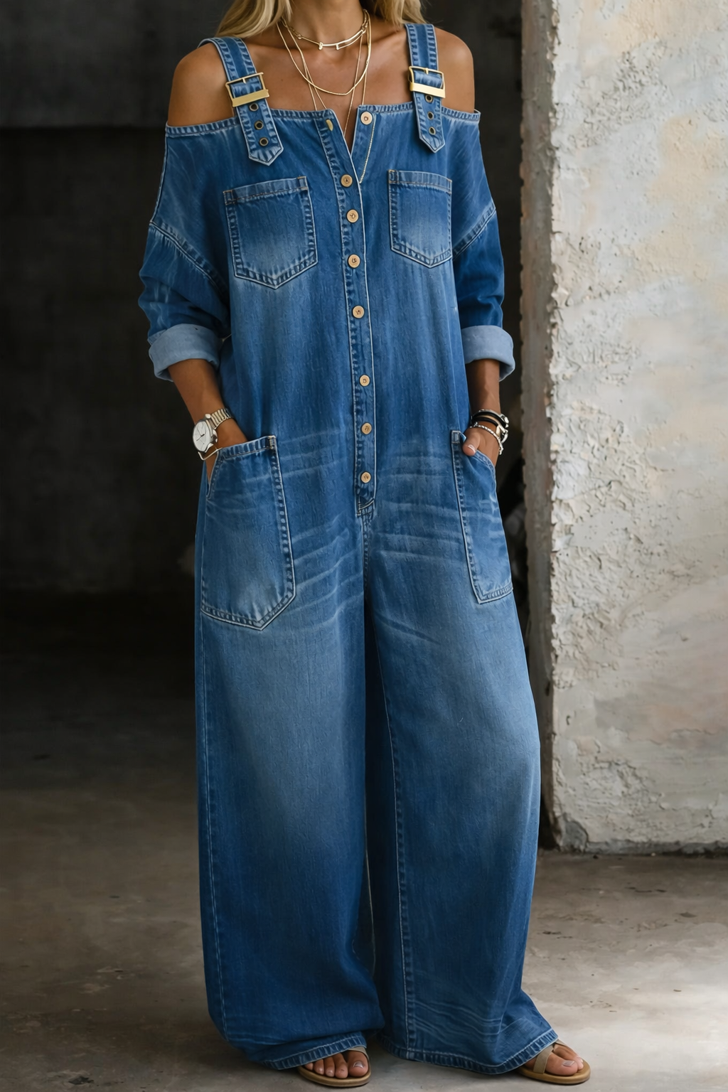 Front view of a woman wearing the light wash off-shoulder denim jumpsuit, showcasing its relaxed fit and elasticized neckline.