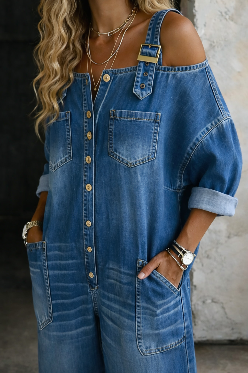 Close-up detail of the off-shoulder neckline and top stitching on the stylish denim jumpsuit, highlighting the fabric texture.