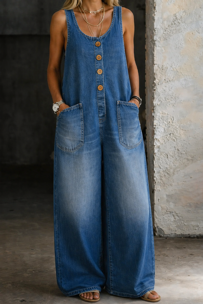 Front view of a woman wearing a light blue vintage washed denim overall jumpsuit, styled with a white tee and sneakers.