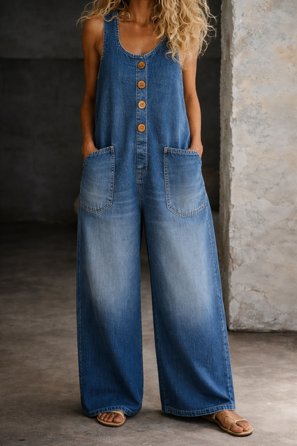 Close-up detail of the adjustable straps and square neckline of the denim overall jumpsuit, highlighting the cotton fabric texture.