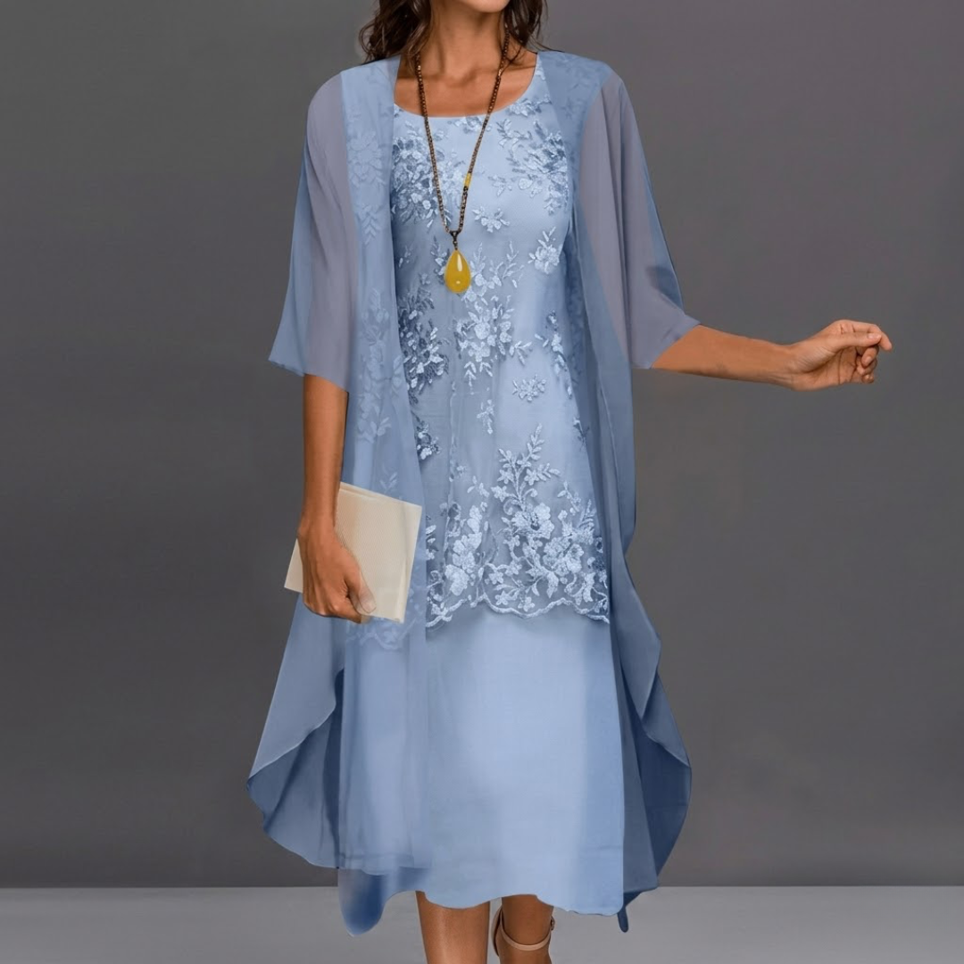 Front view of the Thalassa elegant dress set in sky blue, showcasing its relaxed fit and round neckline.