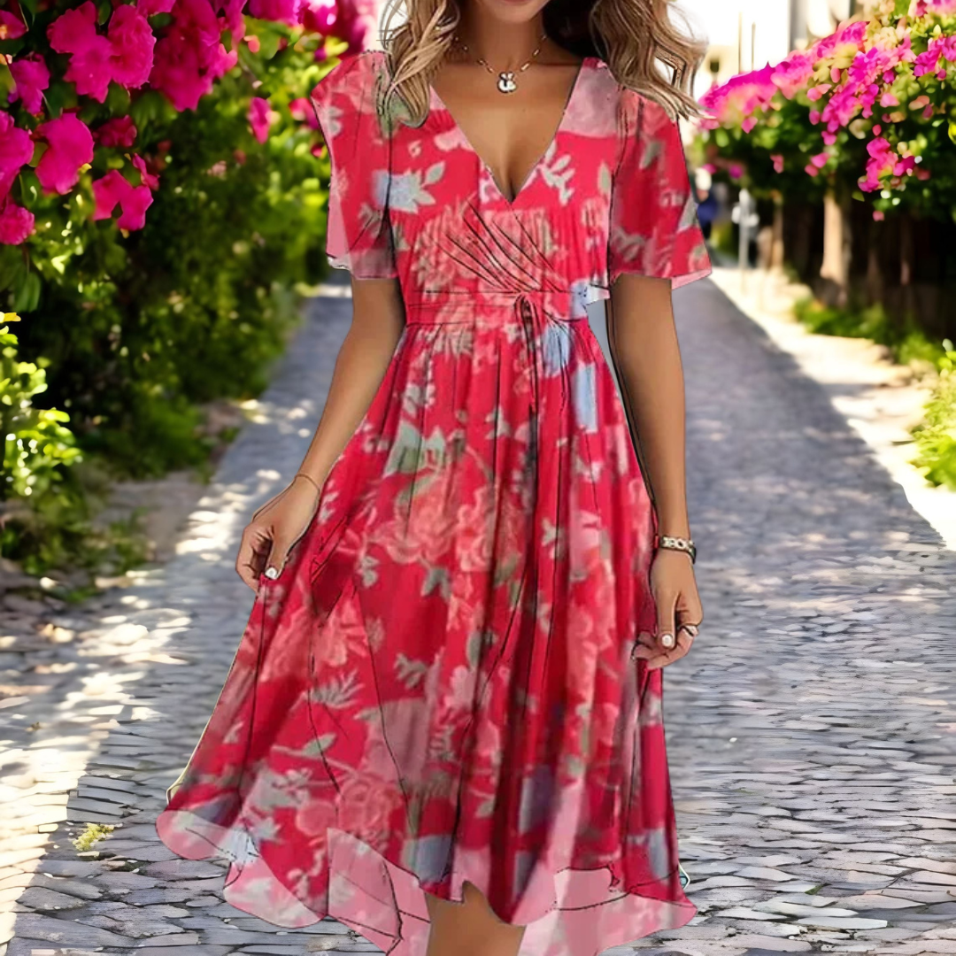 Lifestyle shot of a woman enjoying a sunny day in the beige flowy summer dress, exuding comfort.