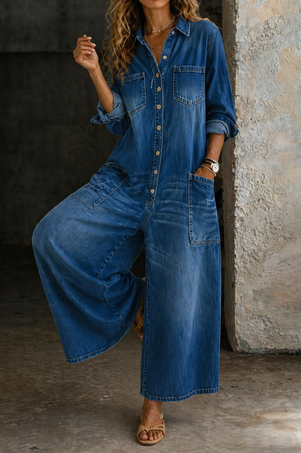Front view of the Cassia light blue denim jumpsuit, showcasing its relaxed fit and collared neckline.
