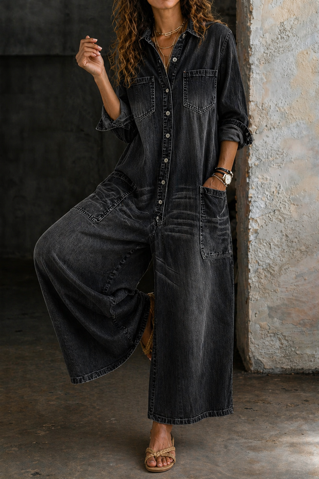Close-up detail of the durable front button closure and functional chest pocket on the stylish denim jumpsuit.