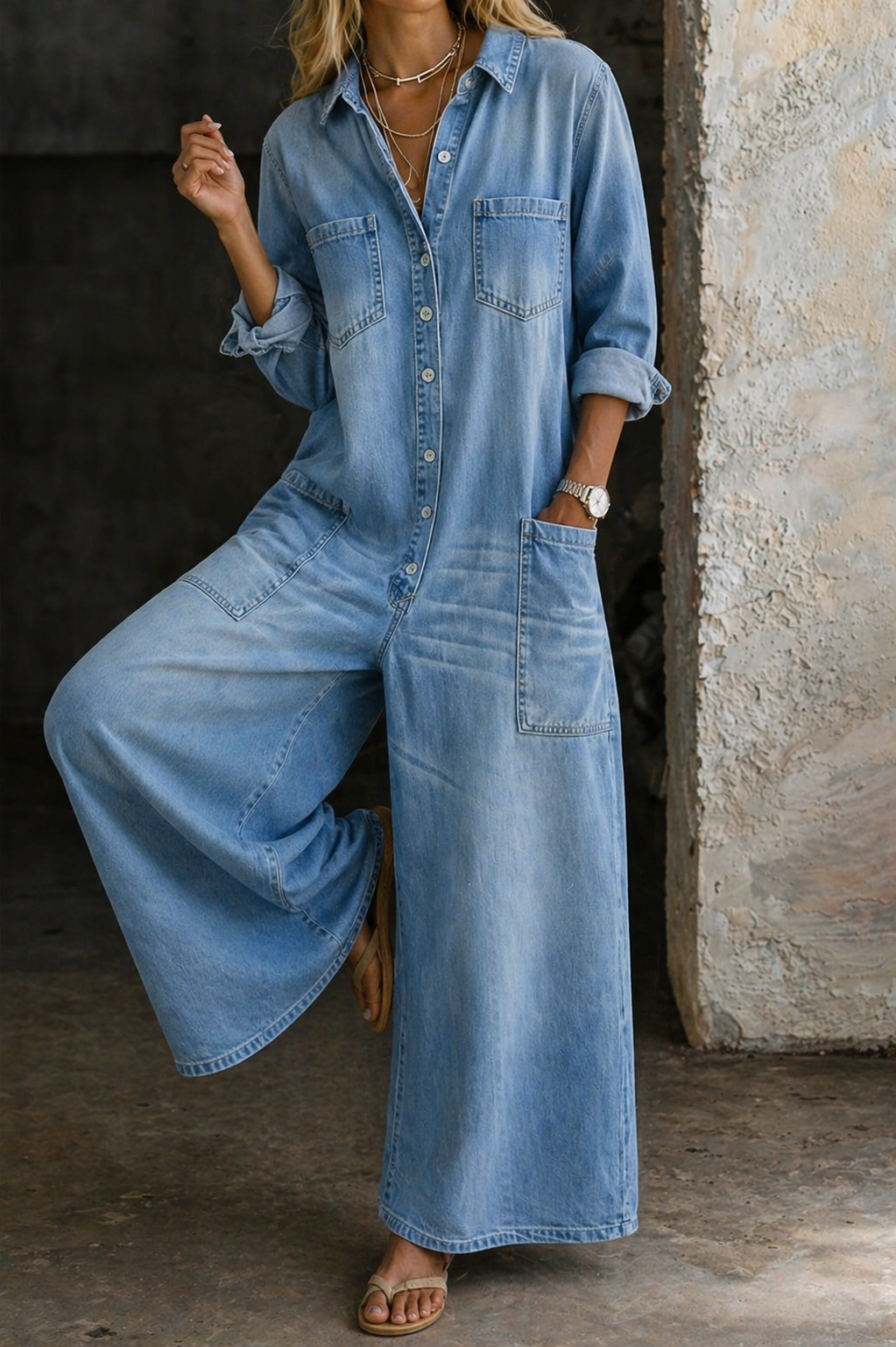 Side profile of a woman wearing the comfortable denim jumpsuit, highlighting the waistline and relaxed leg.