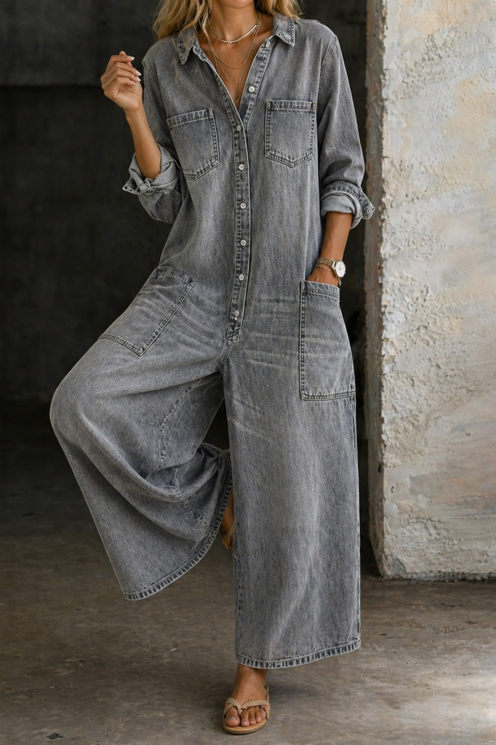 Back view of the versatile blue denim jumpsuit, emphasizing the back pockets and overall silhouette.